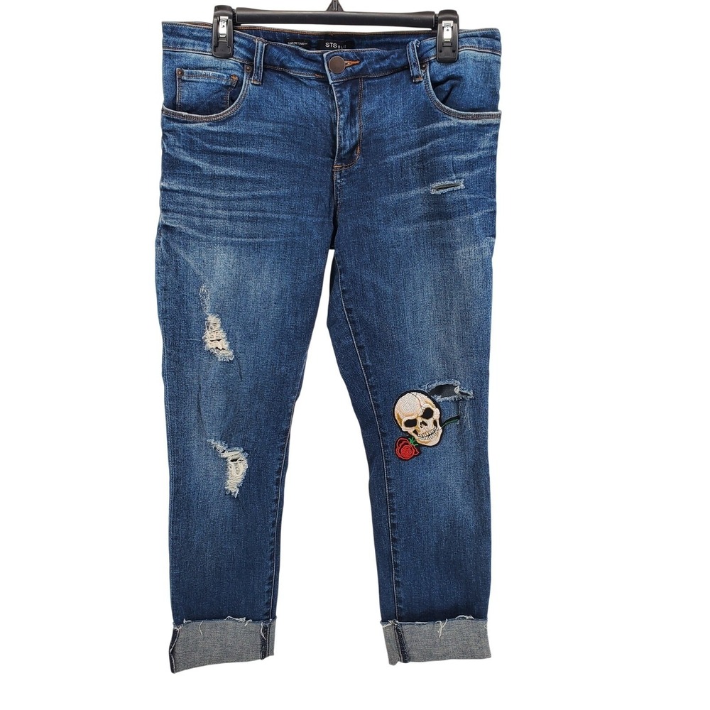 STS Blue Taylor Tomboy Distressed Skull Rose Patch Jeans Medium Wash Size 28